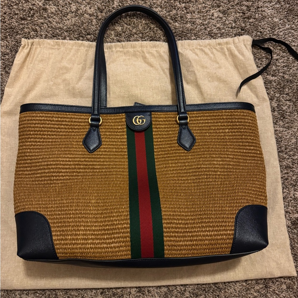 Gucci Medium Ophidia Raffia Shopping Tote